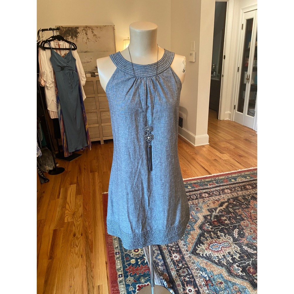 Speed Control NY Blue Cotton Chambray Halter Shift Dress Womens Small Stitching‎
